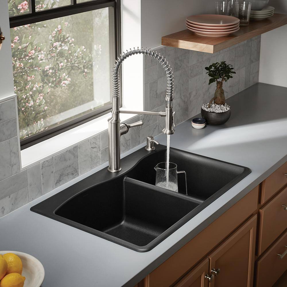 KOHLER Kennon 33 in. Drop-in 6040 Double Bowl Neoroc Granite Composite 1-Hole Kitchen Sink in Matte Black K-RH28002-1-CM1