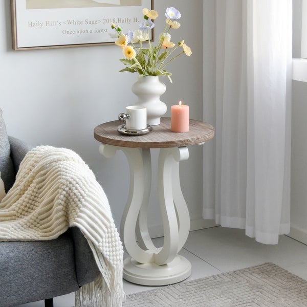 Farmhouse Round End Table， Rustic Wood Side Table for Living Room/Bedroom， White/Natural