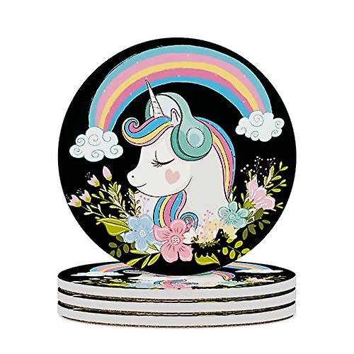 Round Drink Coasters 2 Pcs Unicorn With Flowers Rainbow On Black Absorbent Ceramic Coaster With Cork Base For Coffee Cups Housewarming Gift For Home D