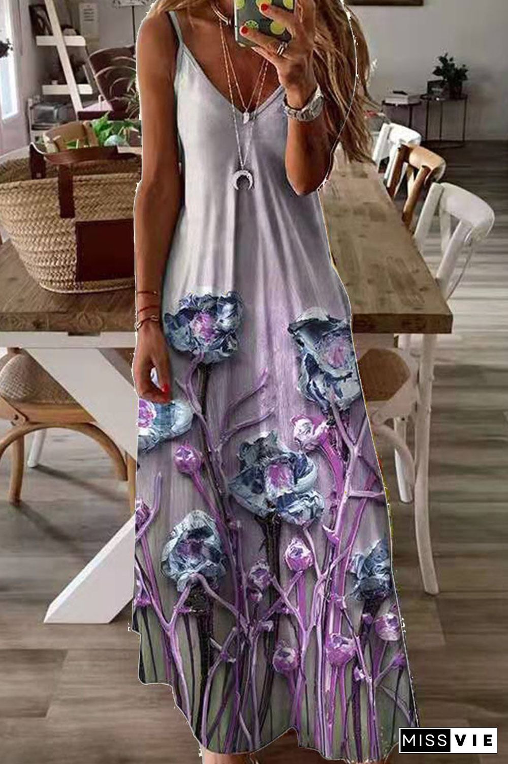 Fashion Sweet Print Split Joint V Neck Princess Dresses