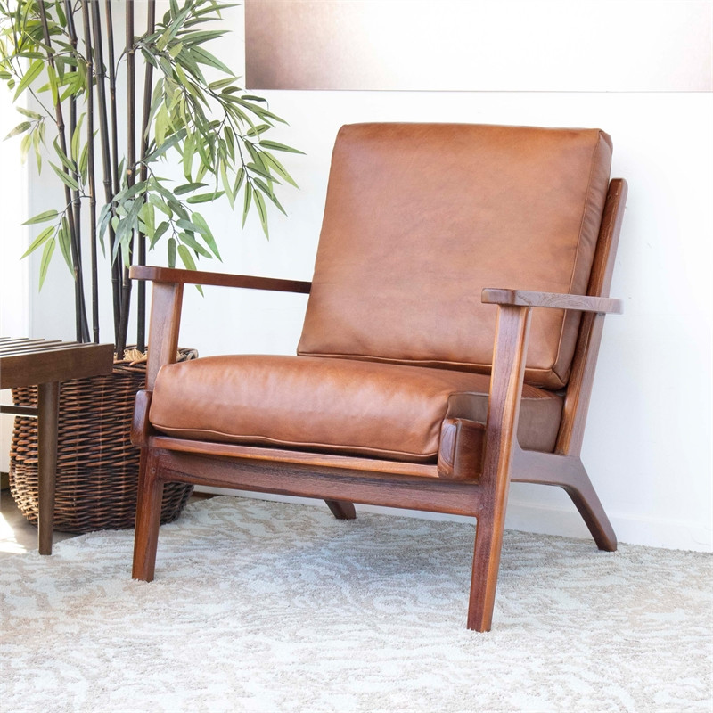 Pemberly Row Mid Century Pillow Back Genuine Leather Lounge Chair in Brown   Midcentury   Armchairs And Accent Chairs   by Homesquare  Houzz