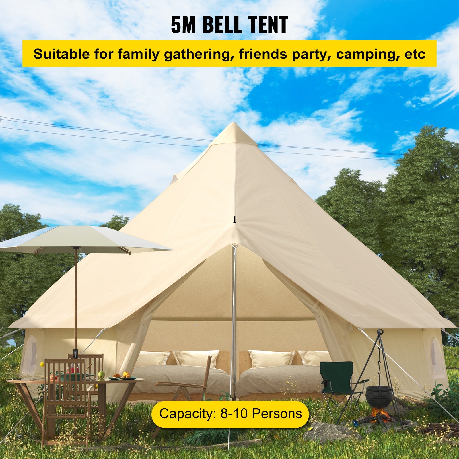 VEVORbrand Canvas Bell Tent 16.4ft Cotton Canvas Tent with Wall Stove Jacket Glamping Tent Waterproof Bell Tent for Family Camping Outdoor Hunting in 4 Seasons