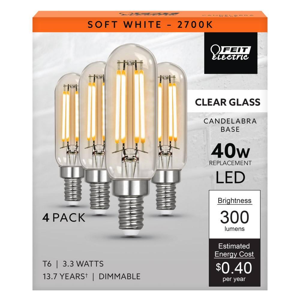 Feit Electric 40-Watt Equivalent T6 Dimmable Straight Filament Clear Glass E12 Candelabra Vintage LED Light Bulb Soft White (4-Pack) T640CL927CAHDRP4RP