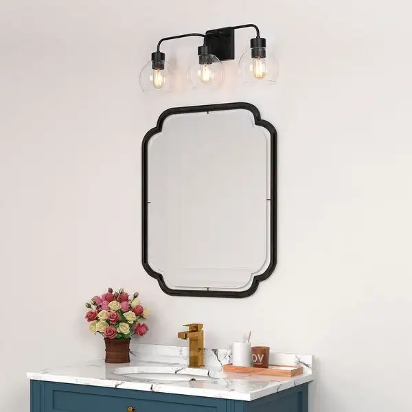 3-Light Modern Black Bathroom Vanity Lights Linear Wall Sconce with Globe Glass - 24.5