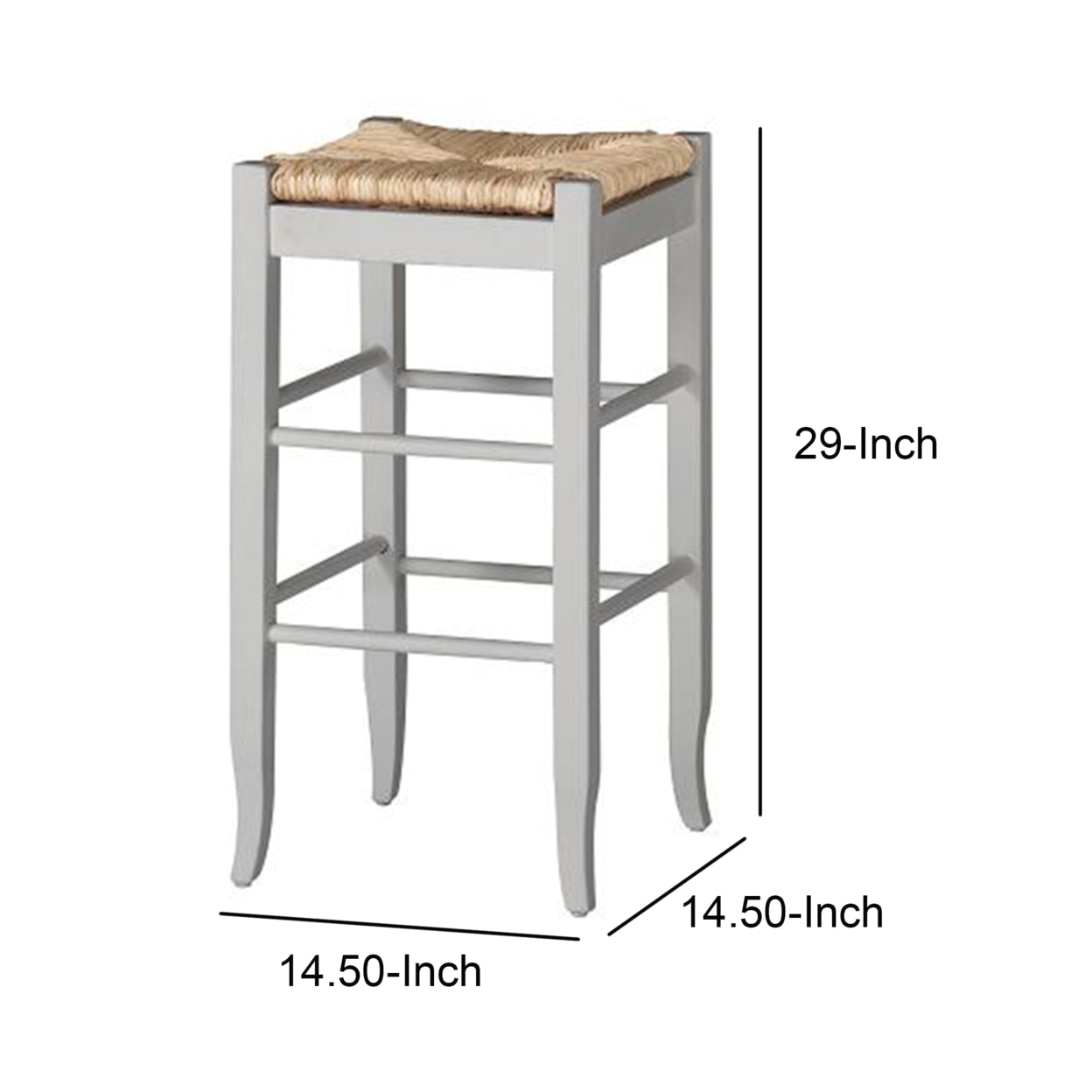 Square Wooden Frame Barstool with Hand Woven Rush， White and Brown- Saltoro Sherpi