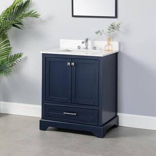 FAMYYT 30 in. W x 22 in. D x 35.6 in. H Single Sink Freestanding Bath Vanity in Blue with White Cultured Marble Top XJ-1137BU-L