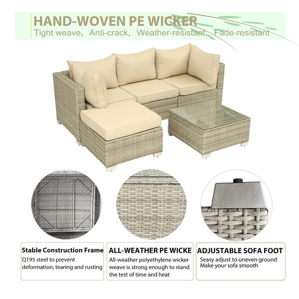 5Piece HandWoven PE Wicker Outdoor Patio Sectional Sofa Set with Cushions and Coffee Table