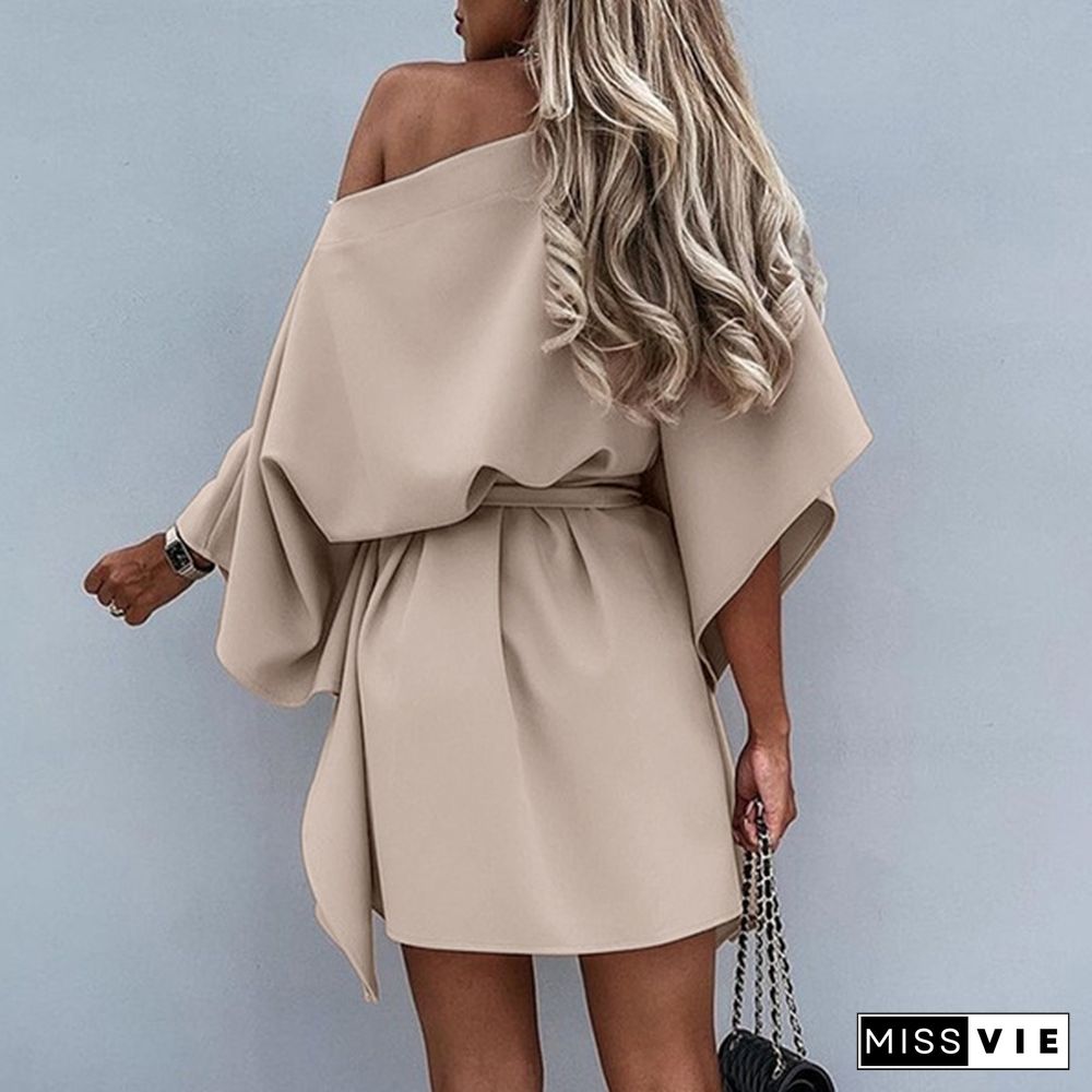 Women Fashion Batwing Sleeve Party Holiday Mini Dress One Off Shoulder Sexy Ruffled Short Dress Vestidos Plus Size