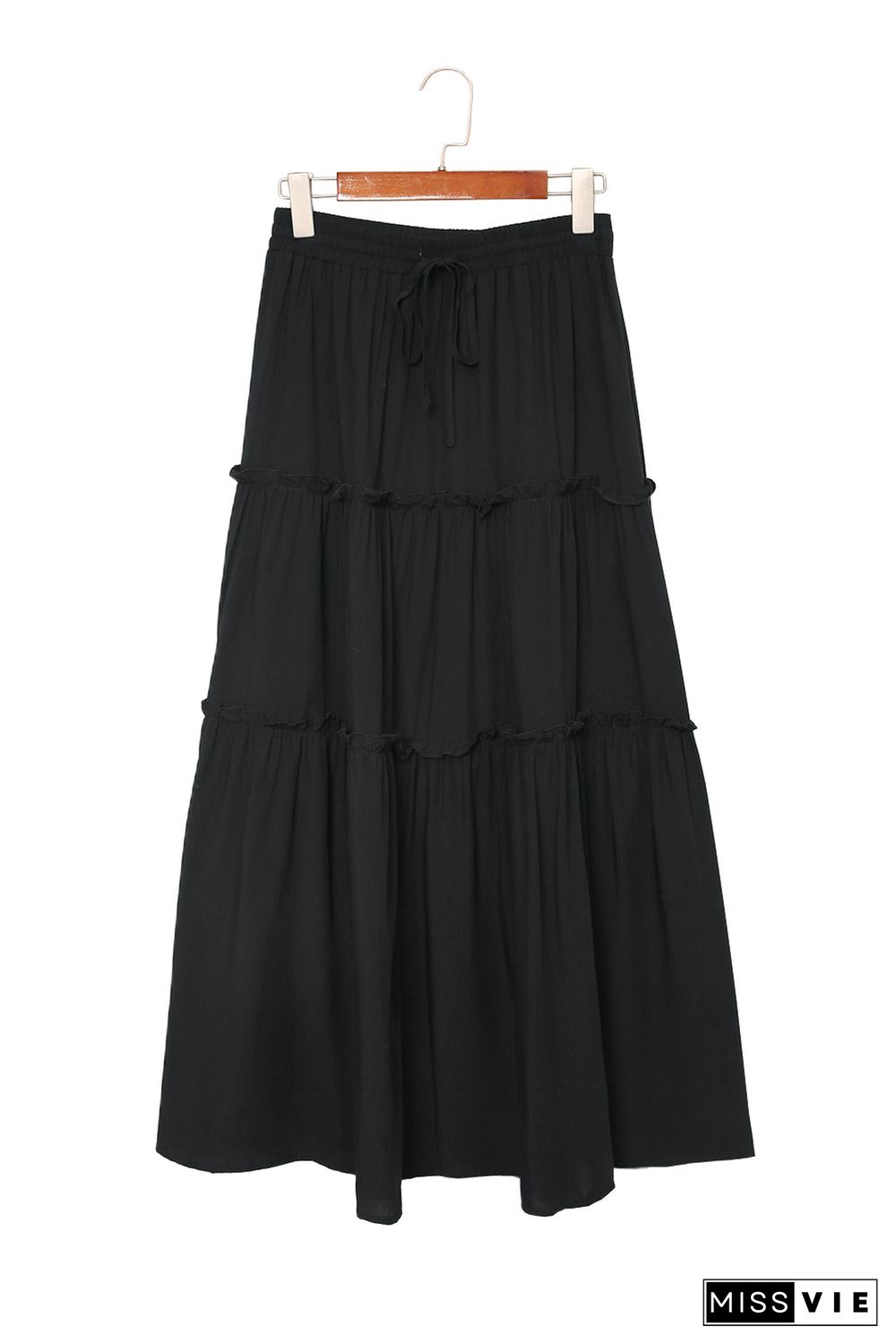 Black Solid Layered Ruffled Drawstring High Waist Maxi Skirt