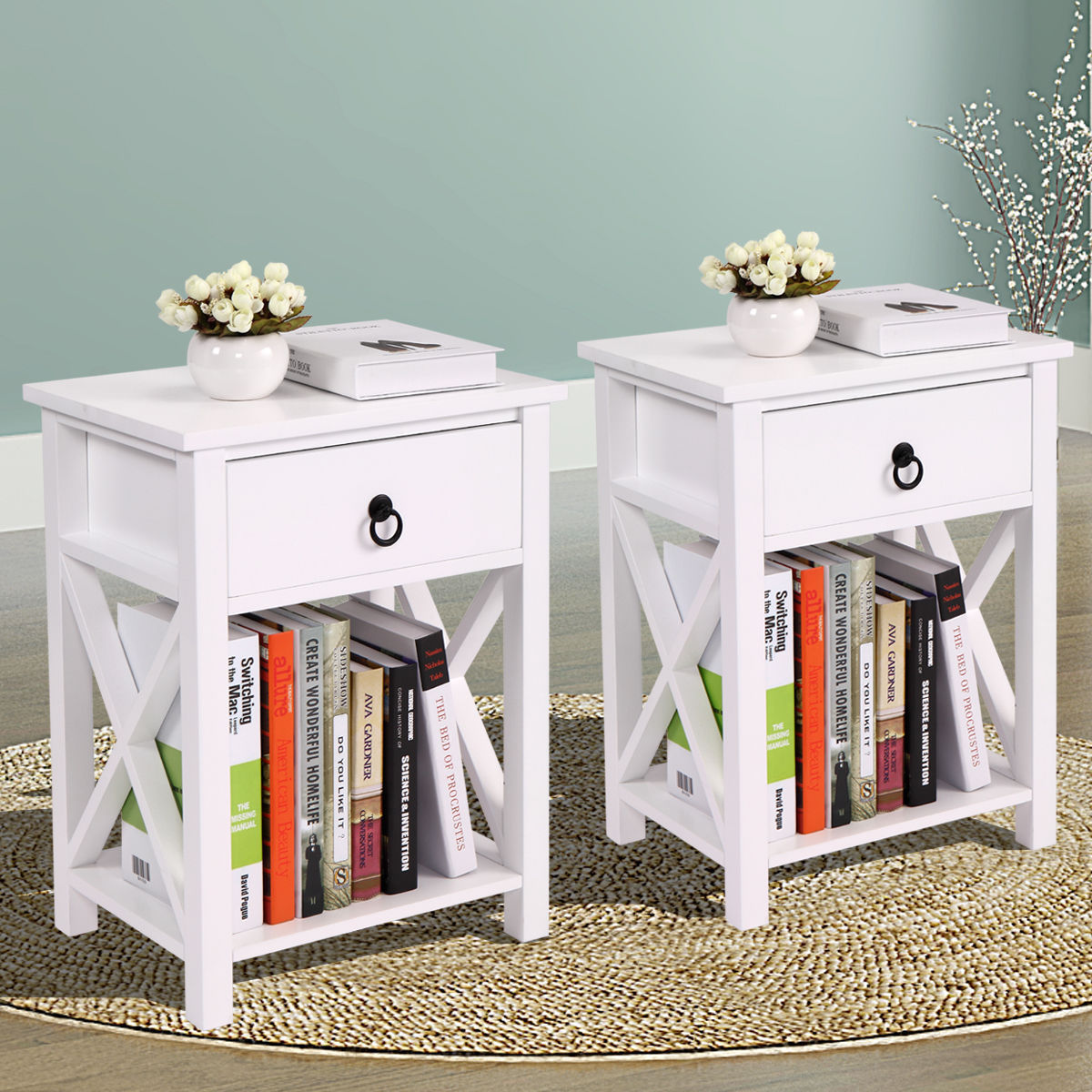 Fchunhe Night Stand Set of 2, with 2 Bin Drawer and Storage Shelf, X-Design Storage Cabinet, Wood Nightstand for Bedroom, Living Room (15.7