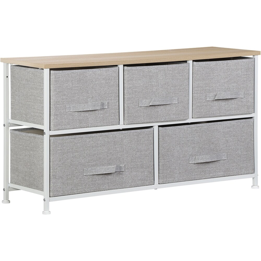 Steel Frame Wood Top Wide Fabric Dresser for Bedroom 5 Drawers Storage