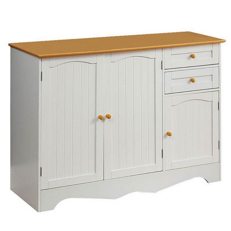 White Sideboard Buffet Cabinet With Light Wood Finish Top And Knobs