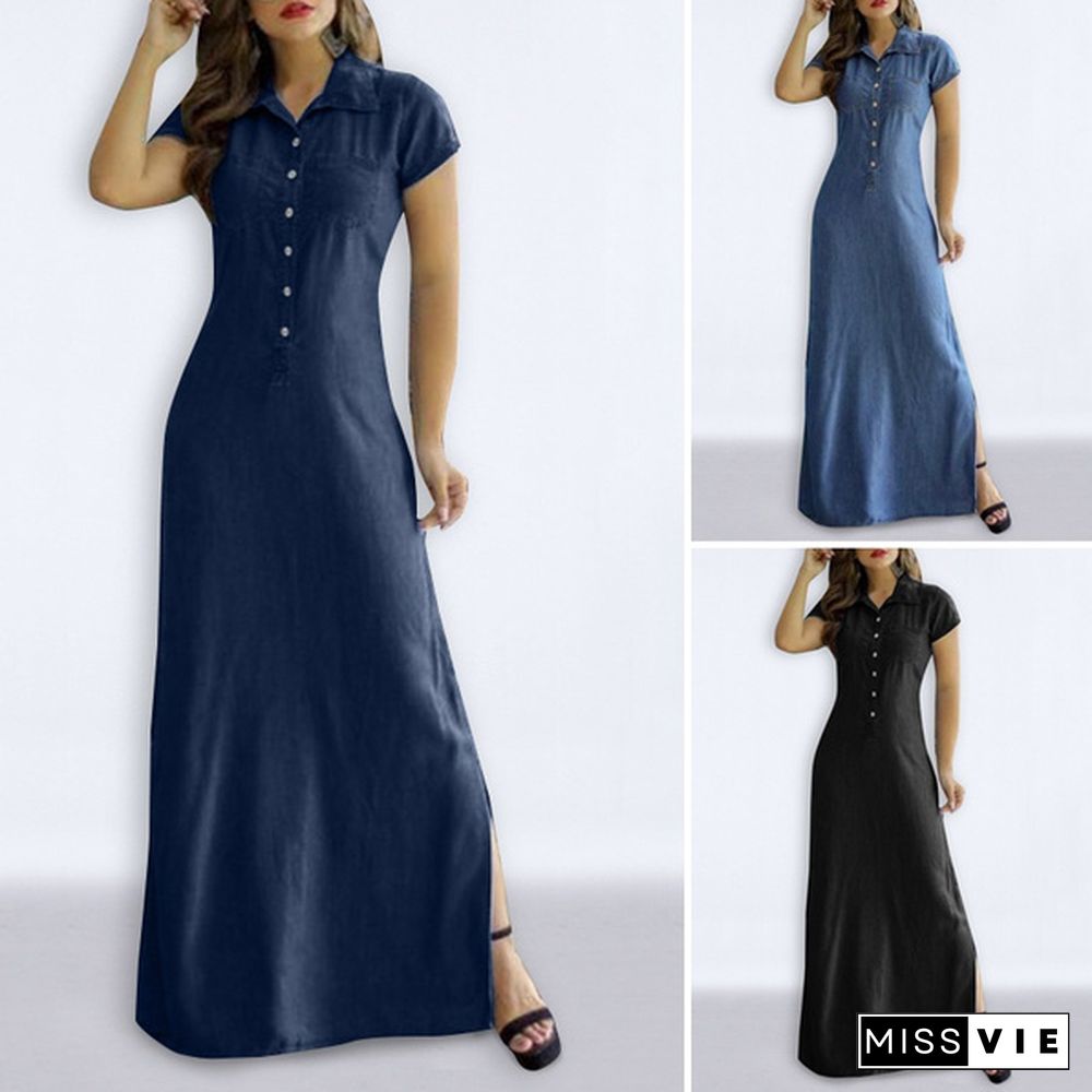 Plus Size Women Short Sleeve Lapel Button Up Denim Shirt Dress Fashion Side Slit Holiday Party Tunic Maxi Dresses Robe Femme