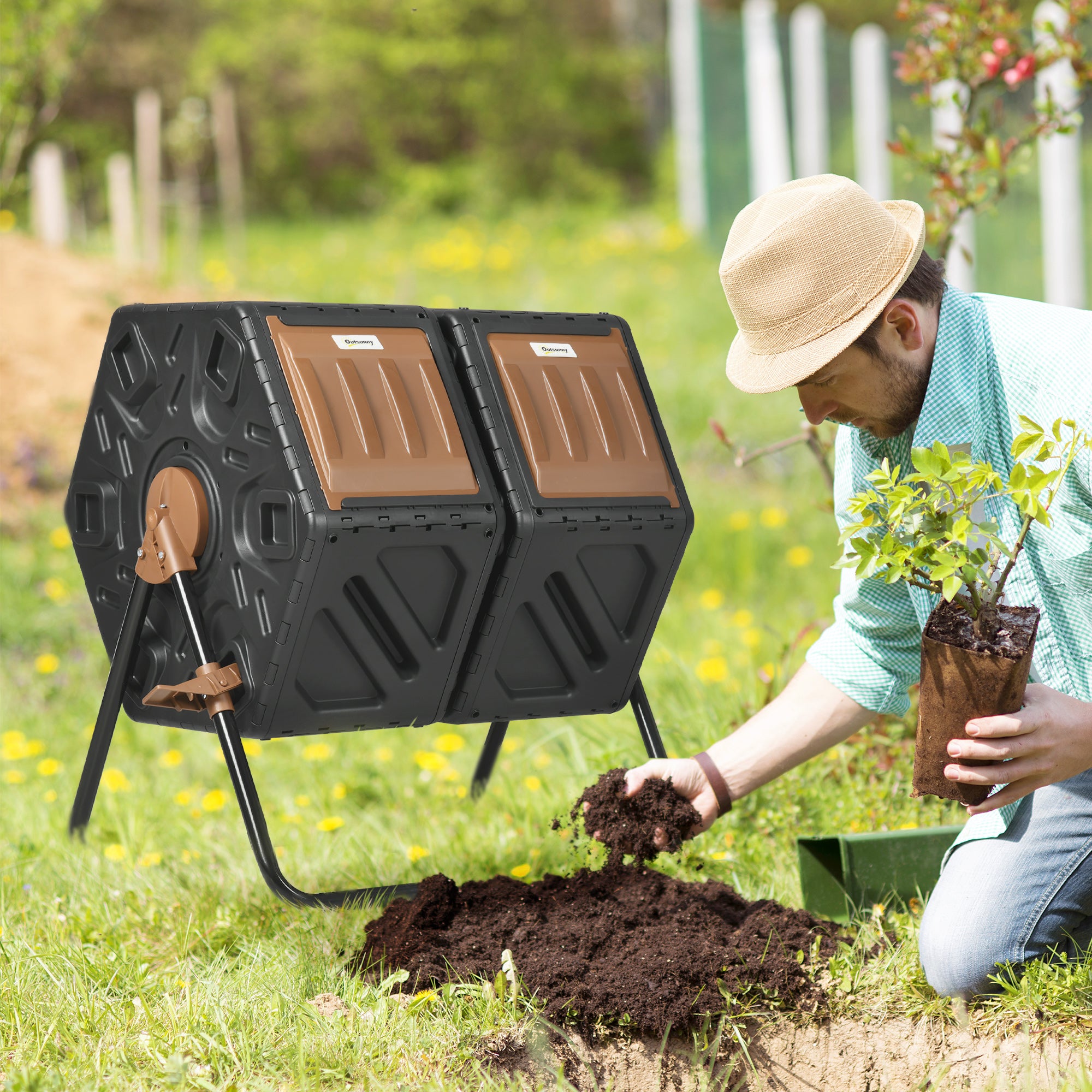 Outsunny 34.5 Gallon Composter Dual Chamber Compost Bin with Steel Legs