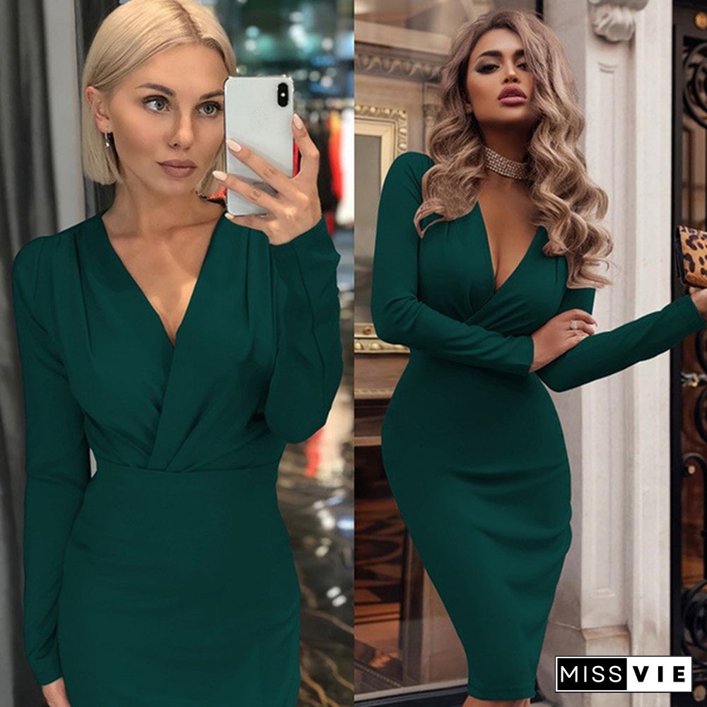 Deep V neck Long Sleeve Package Hip Midi Dress Slim Bodycon Autumn Winter Bottoming Dress