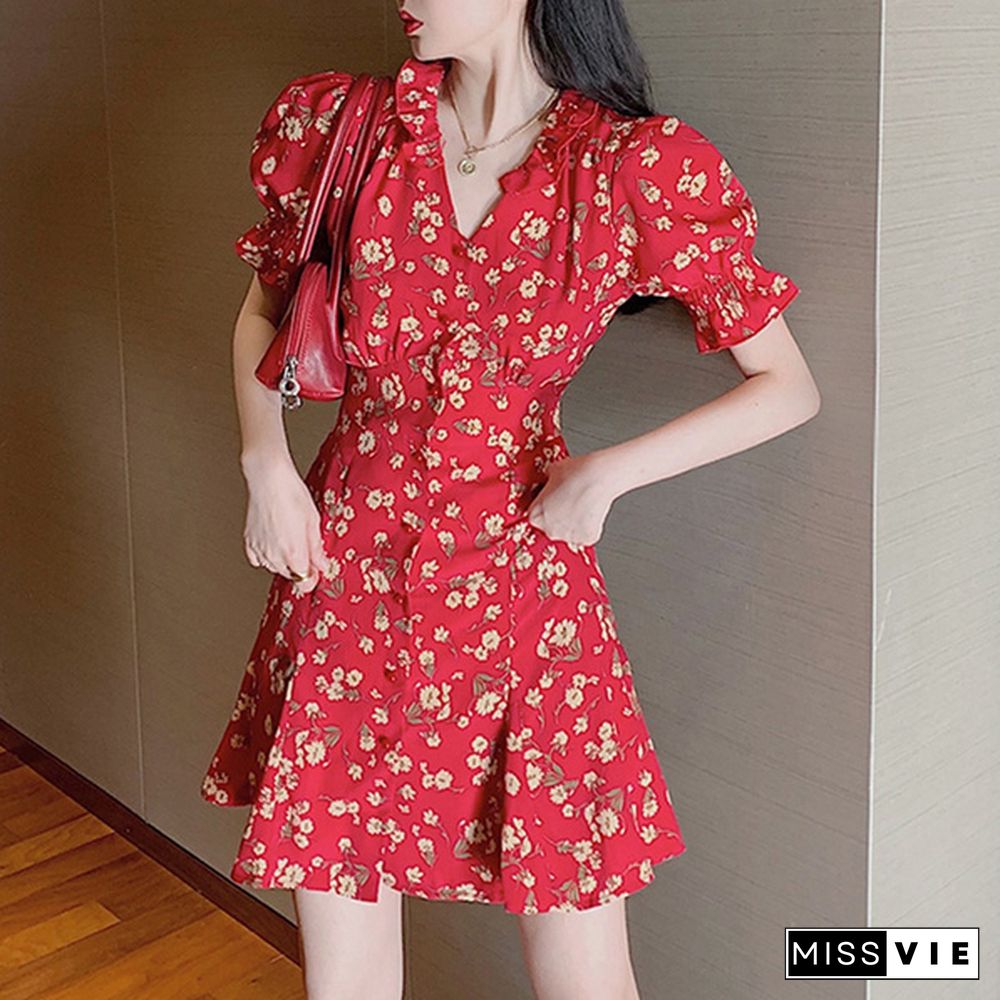 Summer Women Puff Sleeve V Neck Sexy Mini Dress High Waist Casual Floral Print Button Shirt Dress Plus Size Vestidos