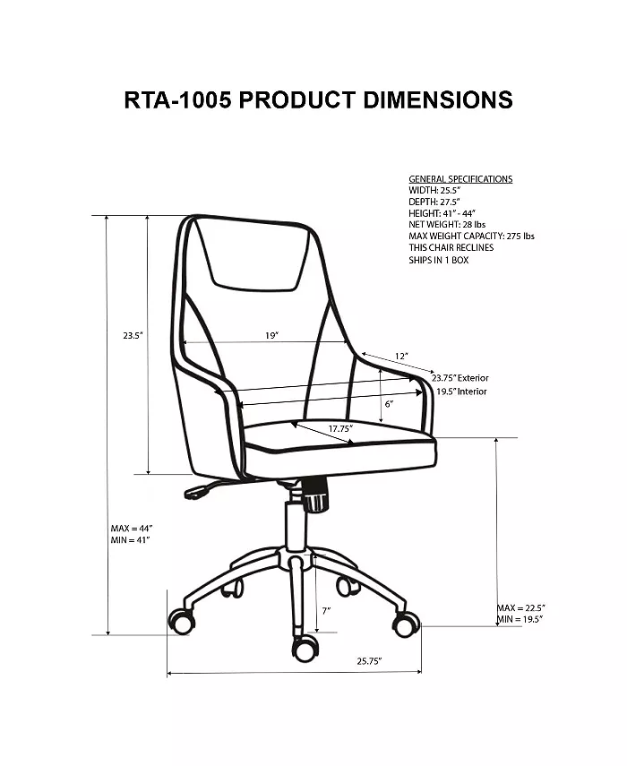 RTA Products Techni Mobili Height Adjustable Rolling Office Desk Chair