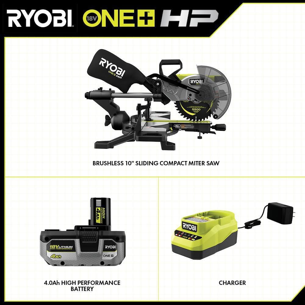 RYOBI ONE+ HP 18V Brushless Cordless 10 in. Sliding Compound Miter Saw Kit with 4.0 Ah HIGH PERFORMANCE Battery and Charger PBLMS01K