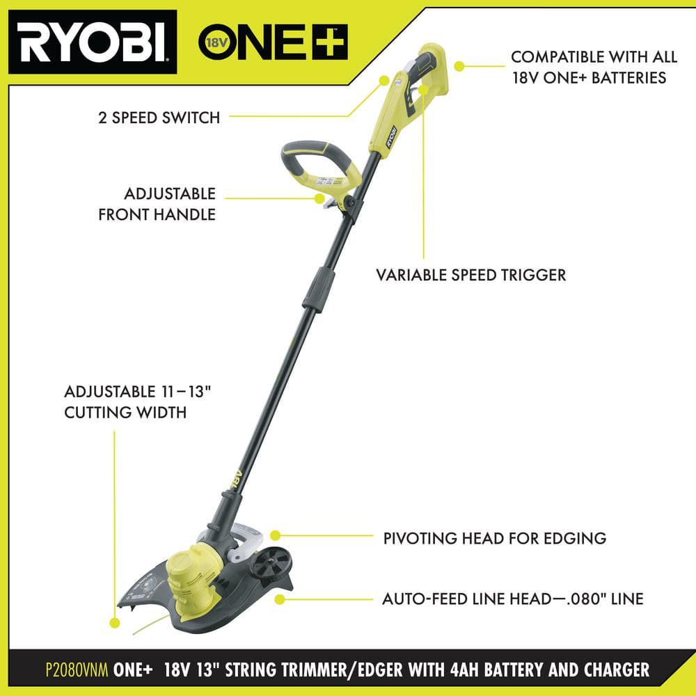 RYOBI ONE 18V 13 in Cordless Battery String Trimmer Blower and Hedge Trimmer Combo Kit with 40 Ah Battery and Charger