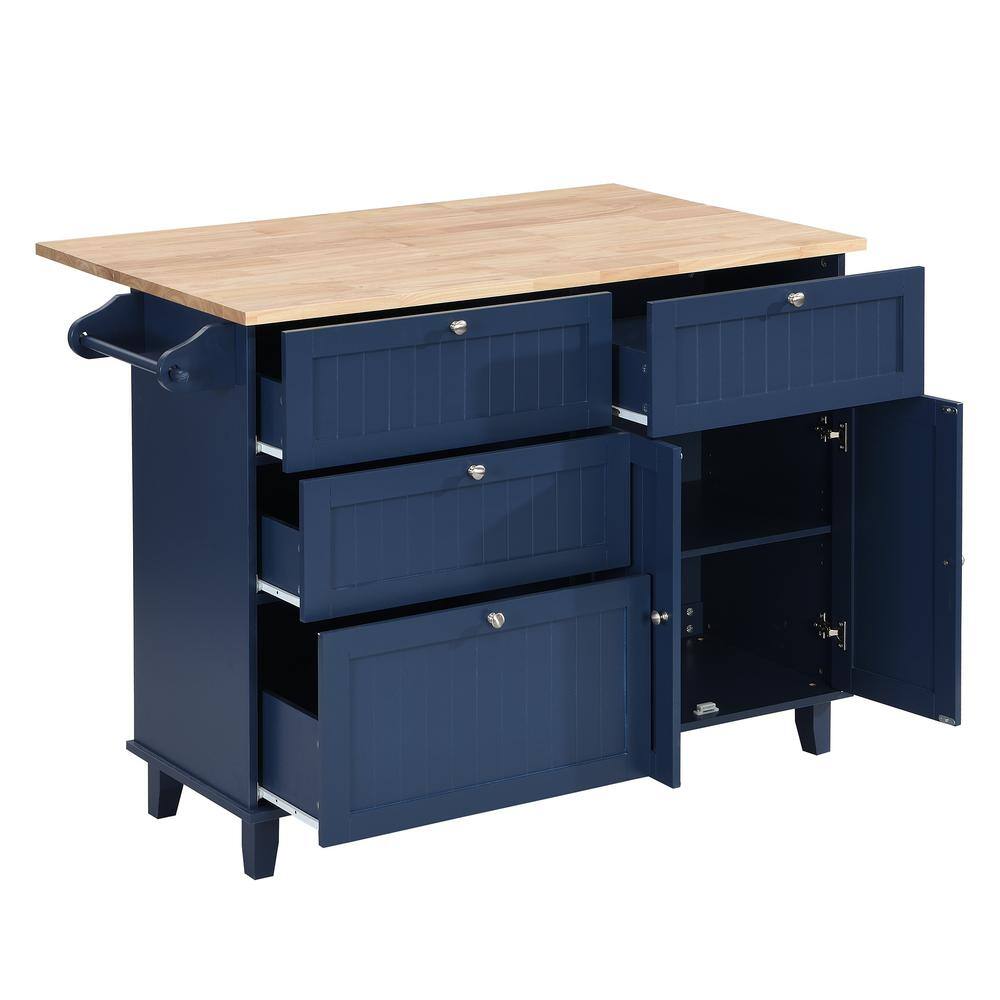 Blue Wood 50.3 in. Kitchen Island Set with Drop Leaf and 2-Seatings Dining Table Set with Storage Cabinet Drawers LH-649