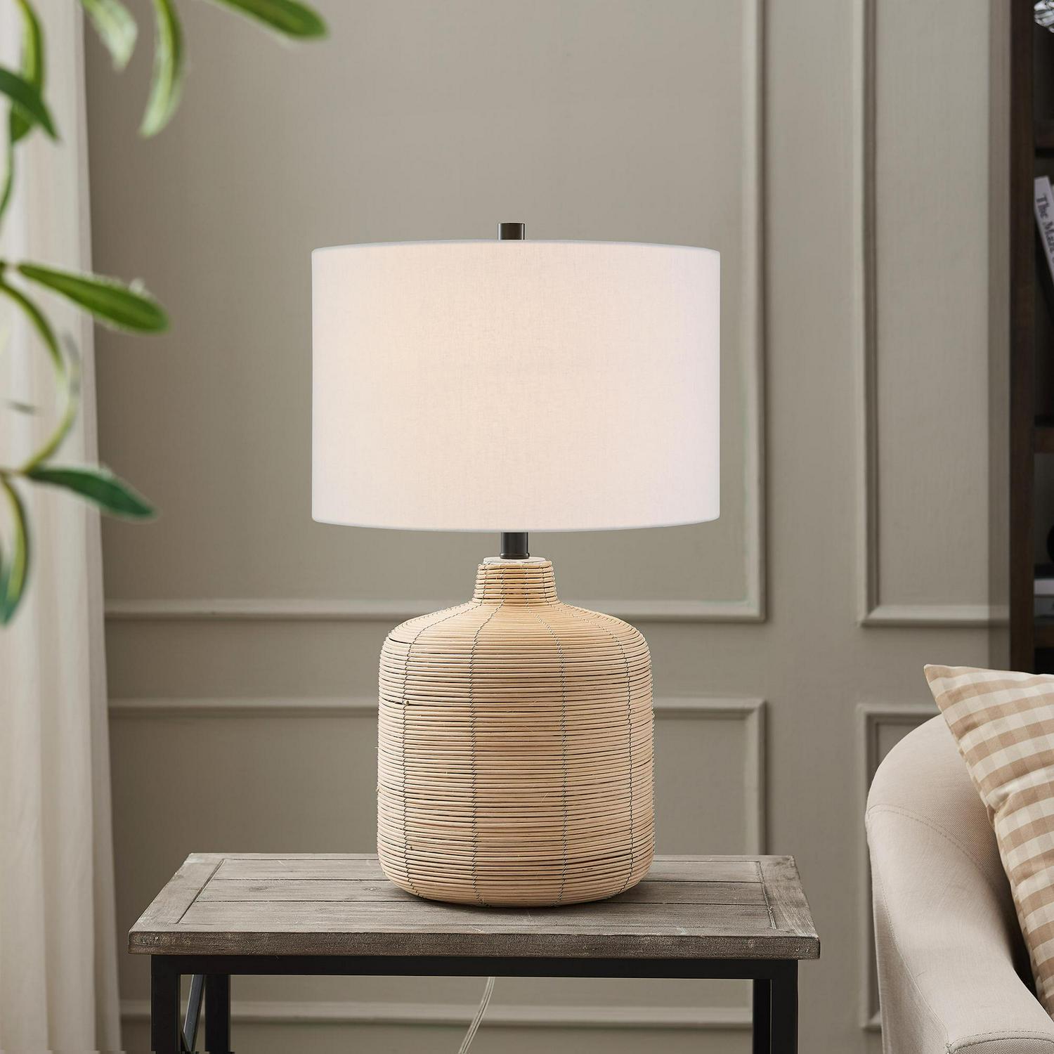 Modern Petite Rattan Table Lamp with Blackened Steel Accents