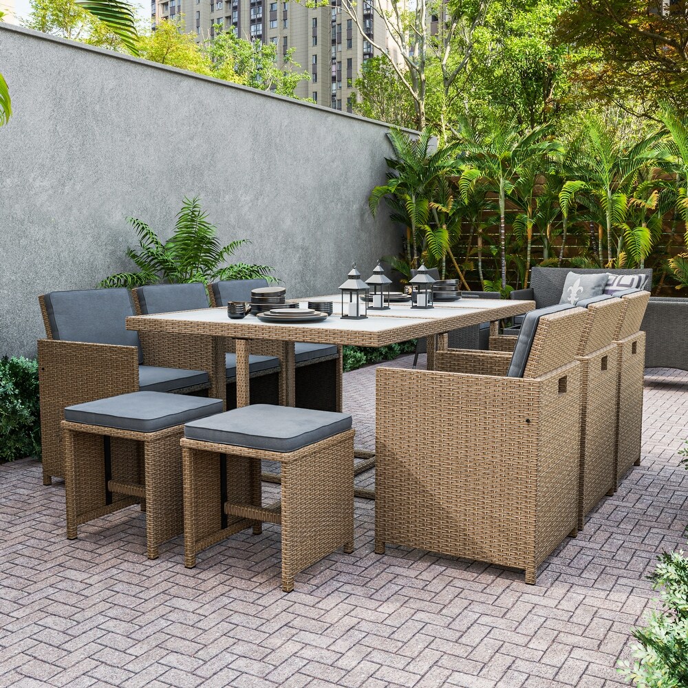 Liyana Transitional Compact Wicker and Glass 11 Piece Outdoor Dining Set by M L Co.