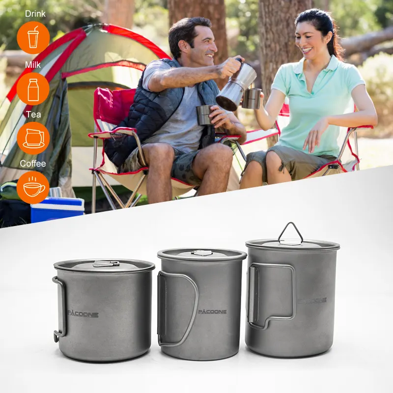 PACOONE 300ML 400ML 600ML Titanium Cup Camping hiking ultralight Mug Foldable Handle Titanium Pot with Lid   Mesh Bag