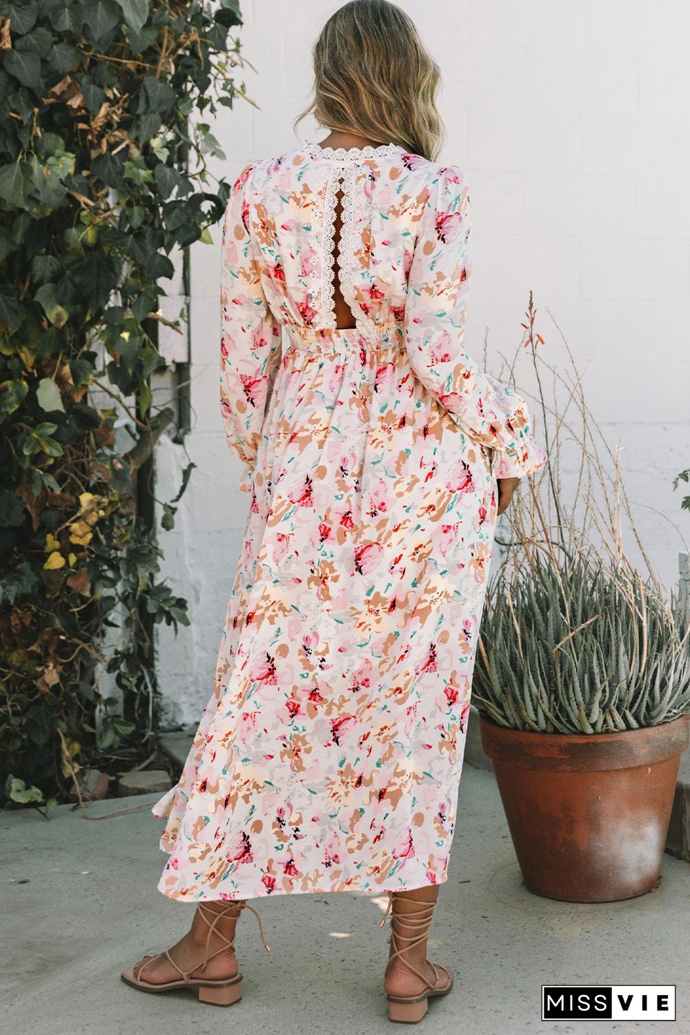 Pink Lace Patchwork Cut Out Back Floral Maxi Dress