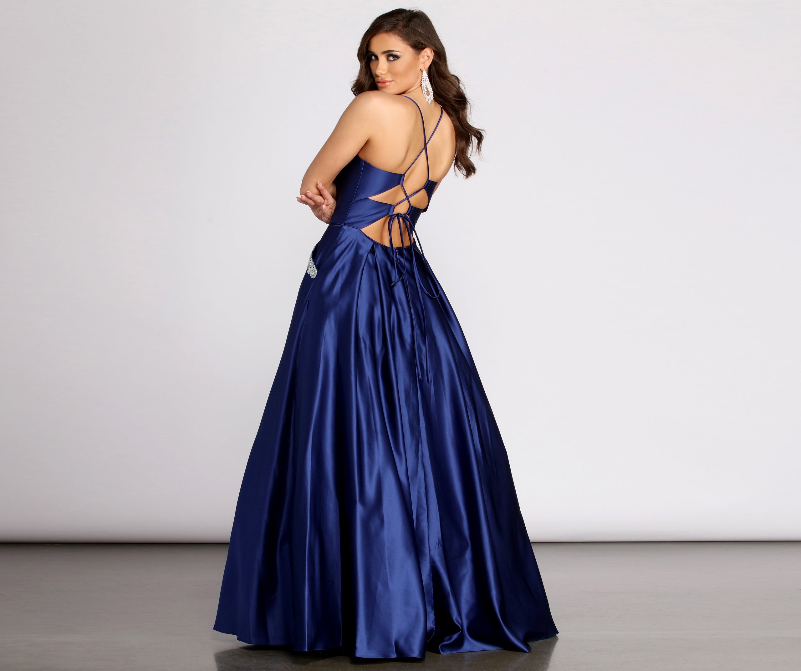 Rochella Satin Rhinestone Trim Ball Gown