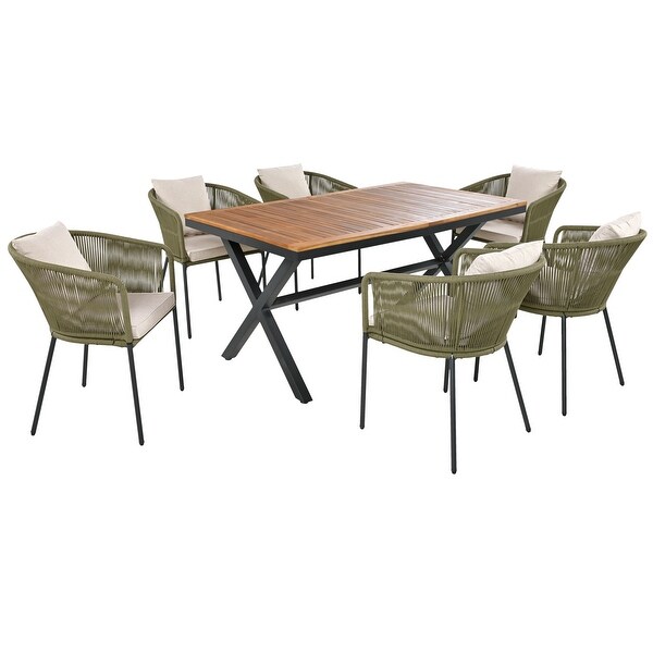 7Piece Acacia Patio Dining Set With Acacia Wood Tabletop and Metal Frame，AllWeather