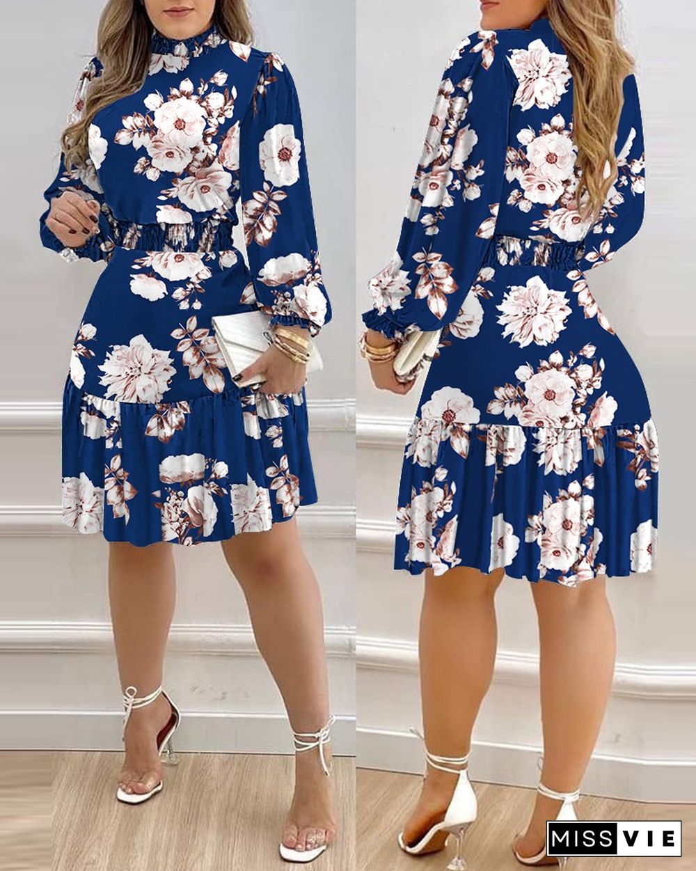 Floral Print Lantern Sleeve Shirred Ruffles Dress Long Sleeve Casual Midi Dress