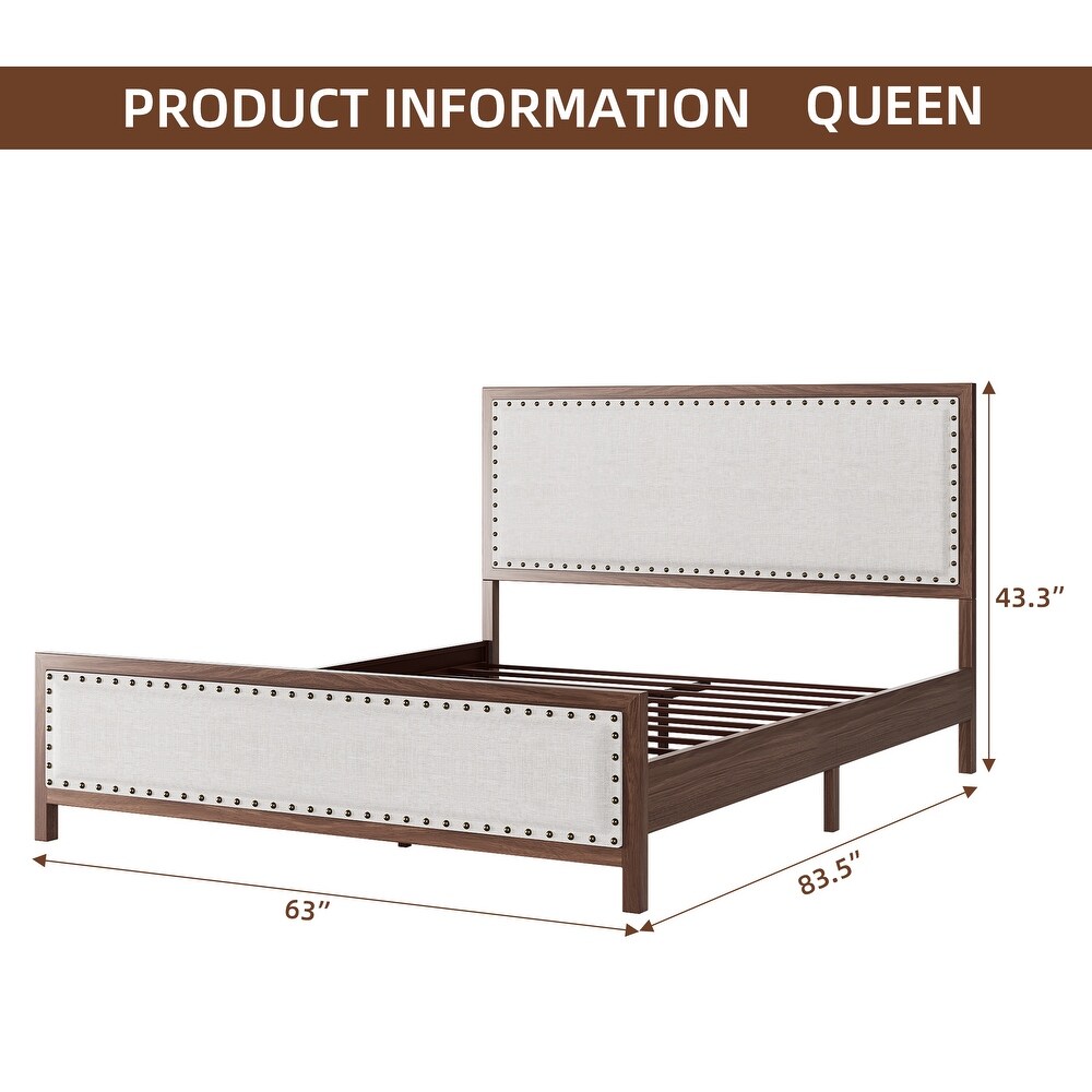 Upholstered Platform Bed with Linen Headboard and Footboard