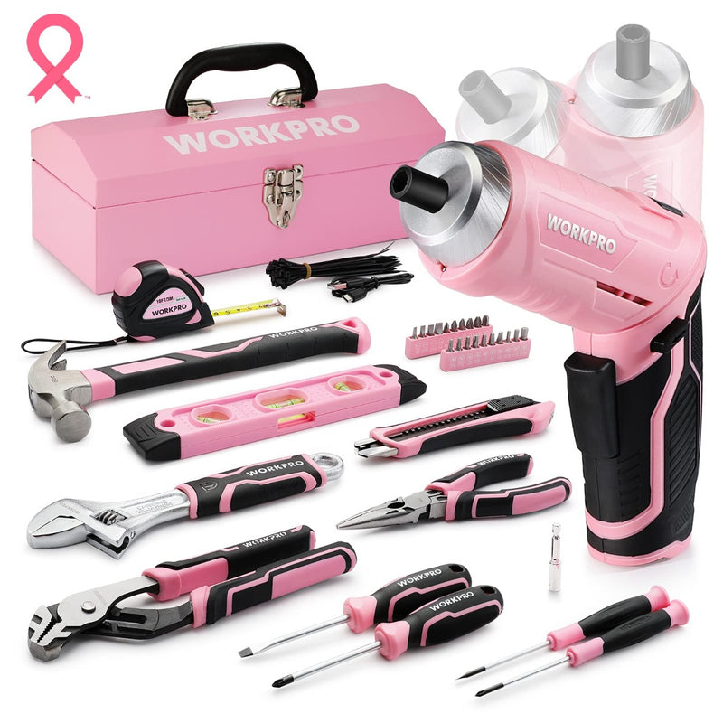 WORKPRO 75-Piece Pink Tools Set， 3.7V Rotatable Cordless Screwdriver