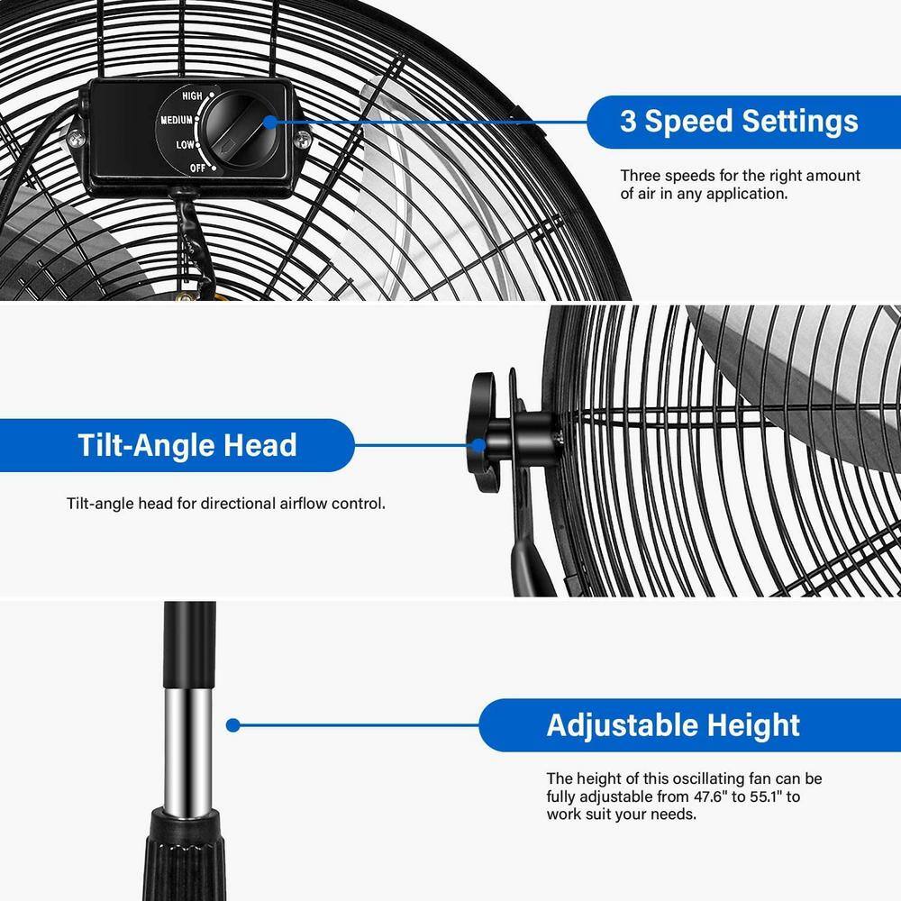 Tafole 20 in. 3-Speeds Pedestal Fan in Black with Adjustable Height PYHD-STAND20