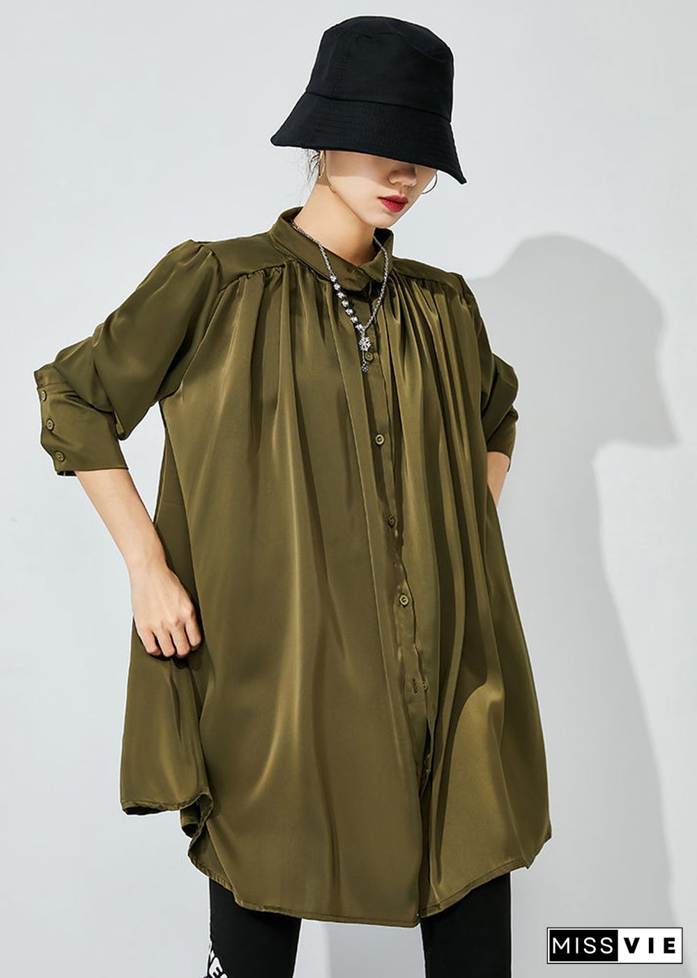 Army Green Draping Silk Shirt Top Oversized Wrinkled Spring