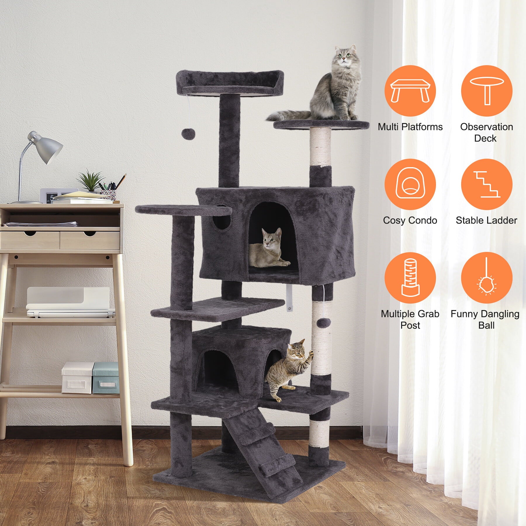 HomGarden 55''H Multi-Level Cat Tree Condo W/Scratching Post Tower and Perch， Play House Dark Gray