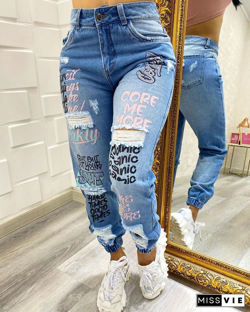 Letter Print Slant Pocket Ripped Jeans