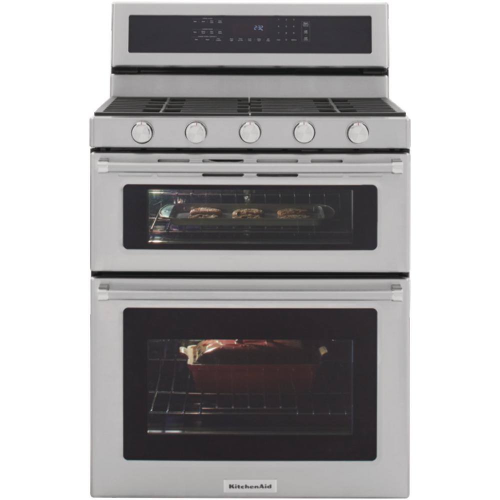 KitchenAid 6.0 cu. ft. Double Oven Gas Range with Self-Cleaning Convection Oven in Stainless Steel KFGD500ESS