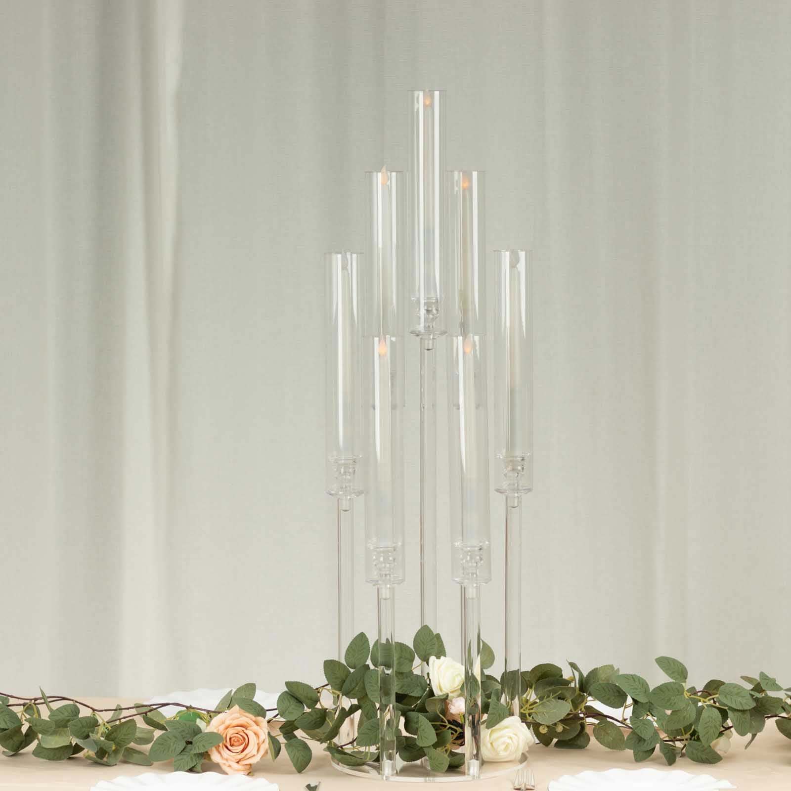 7 Arm Clear Acrylic Cluster Round Taper Candle Holder Candelabra, Pillar Candle Stick Stand With Circular Base - 33