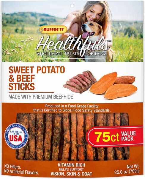 RUFFIN' IT Healthfuls Sweet Potato and Beef Sticks Dog Treats， 75 count