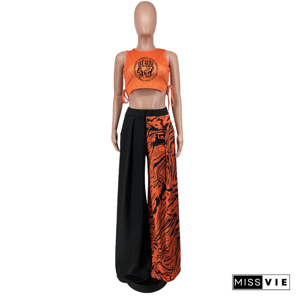 Bandage Side Crop Top Patchwork Wide Leg Pants Set