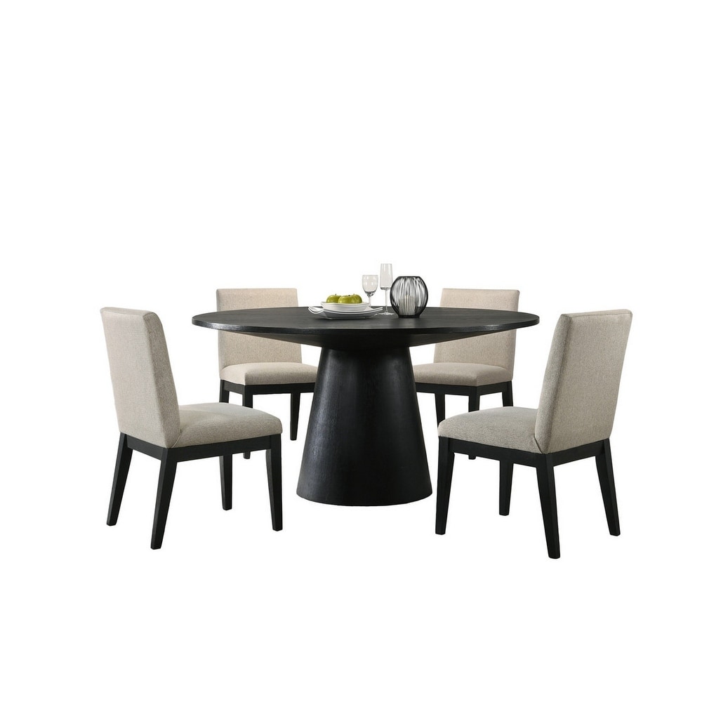 Kiy 5pc Black Dining Table Set with 4 Ergonomic Chairs  Beige Upholstery