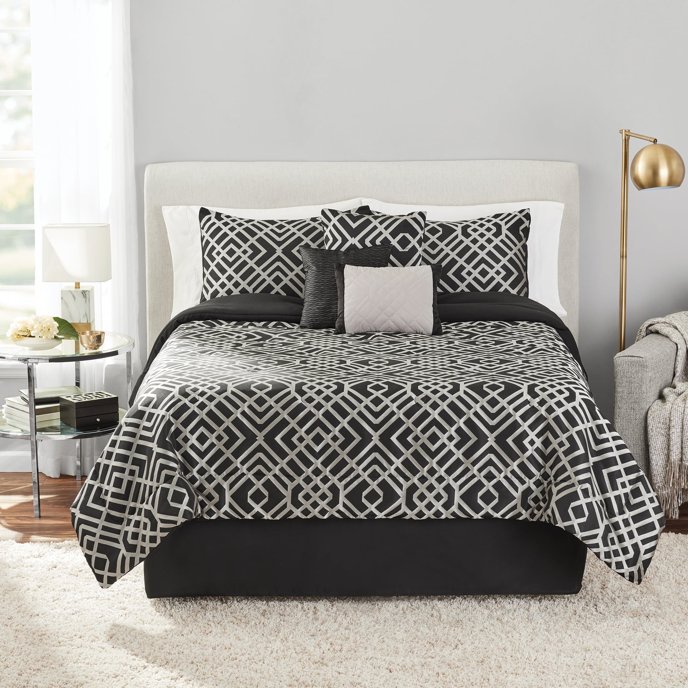 Mainstays Glen 7-Piece Black/Gold Geometric Polyester Comforter Set， Full/Queen