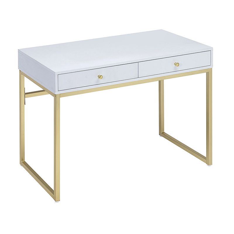 ACME 92312 Coleen 2-Drawer Metal Tube Home Office Decor Desk， White and Brass