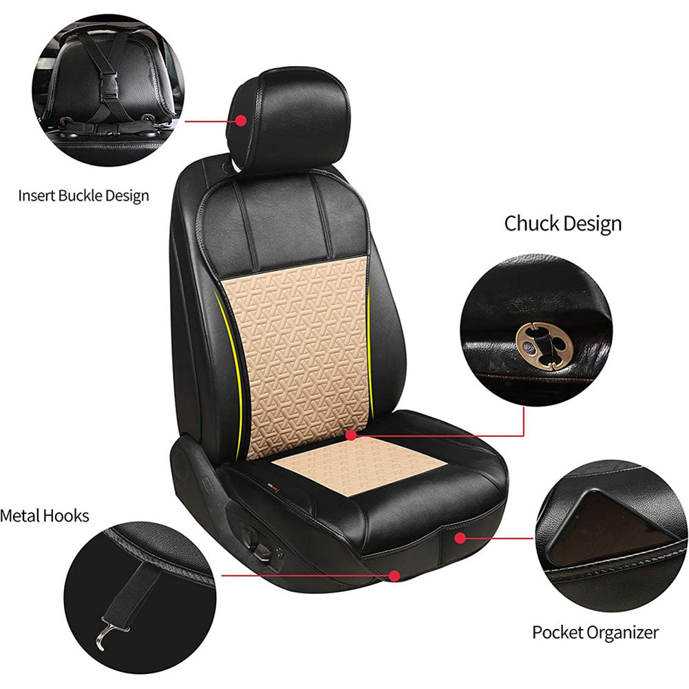 Leather Pu Car Seat Cover， Luxury Universal Front Car Seat Cushion， Full Wrapped Edge Waterproof Car Seat Protectors， Universal Fit For 95% Cars，Suv，Trucks(2Pcs，Black+Beige)