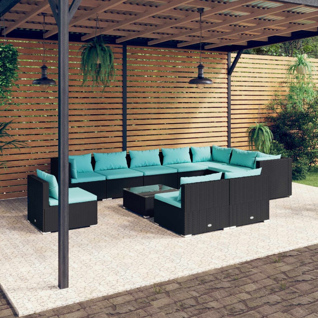 11 Piece Patio Lounge Set with Cushions Poly Rattan Black - Overstock - 36365167