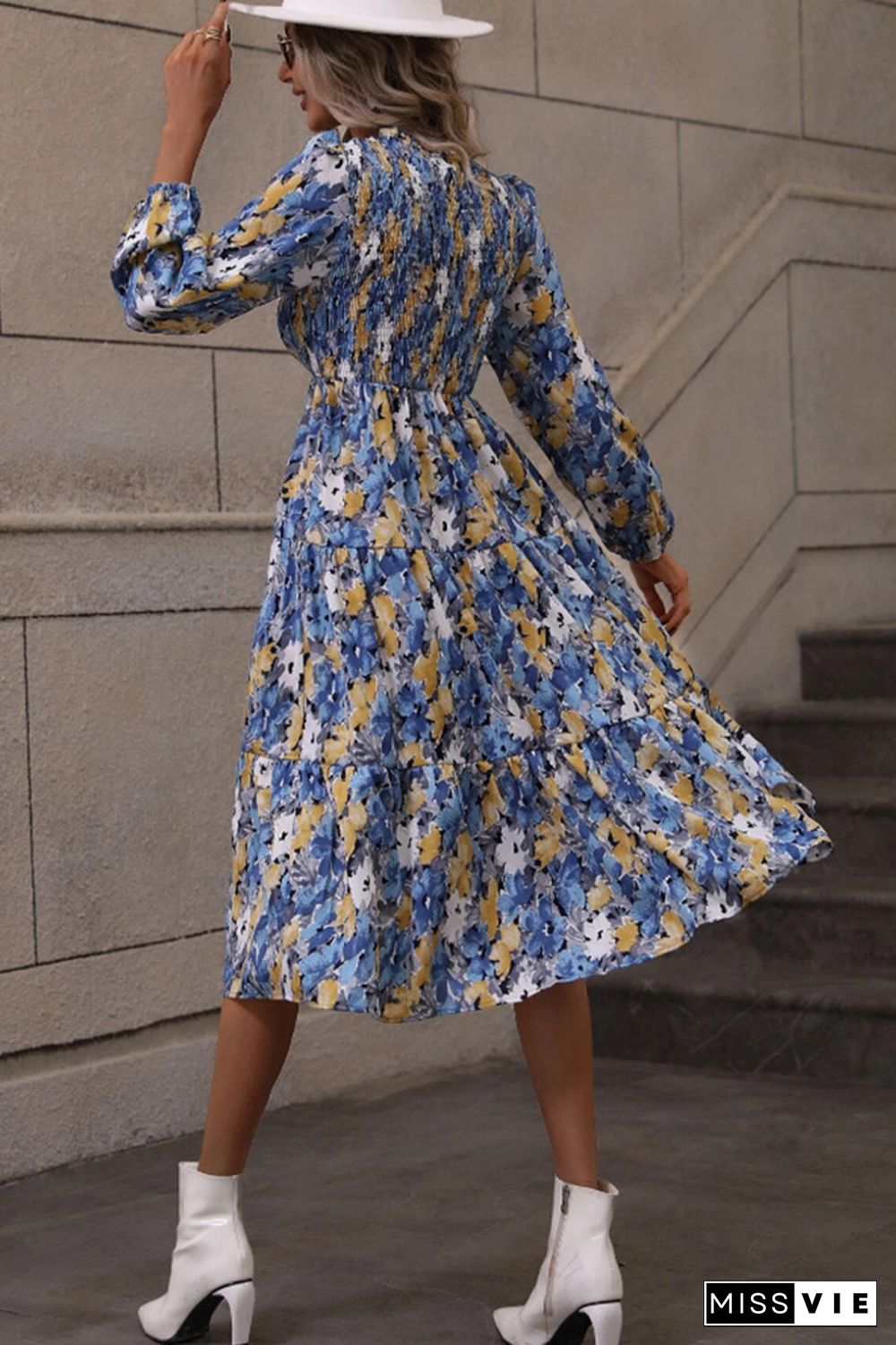 Elastic Waist Puff Sleeves Ruffle Printing Dress