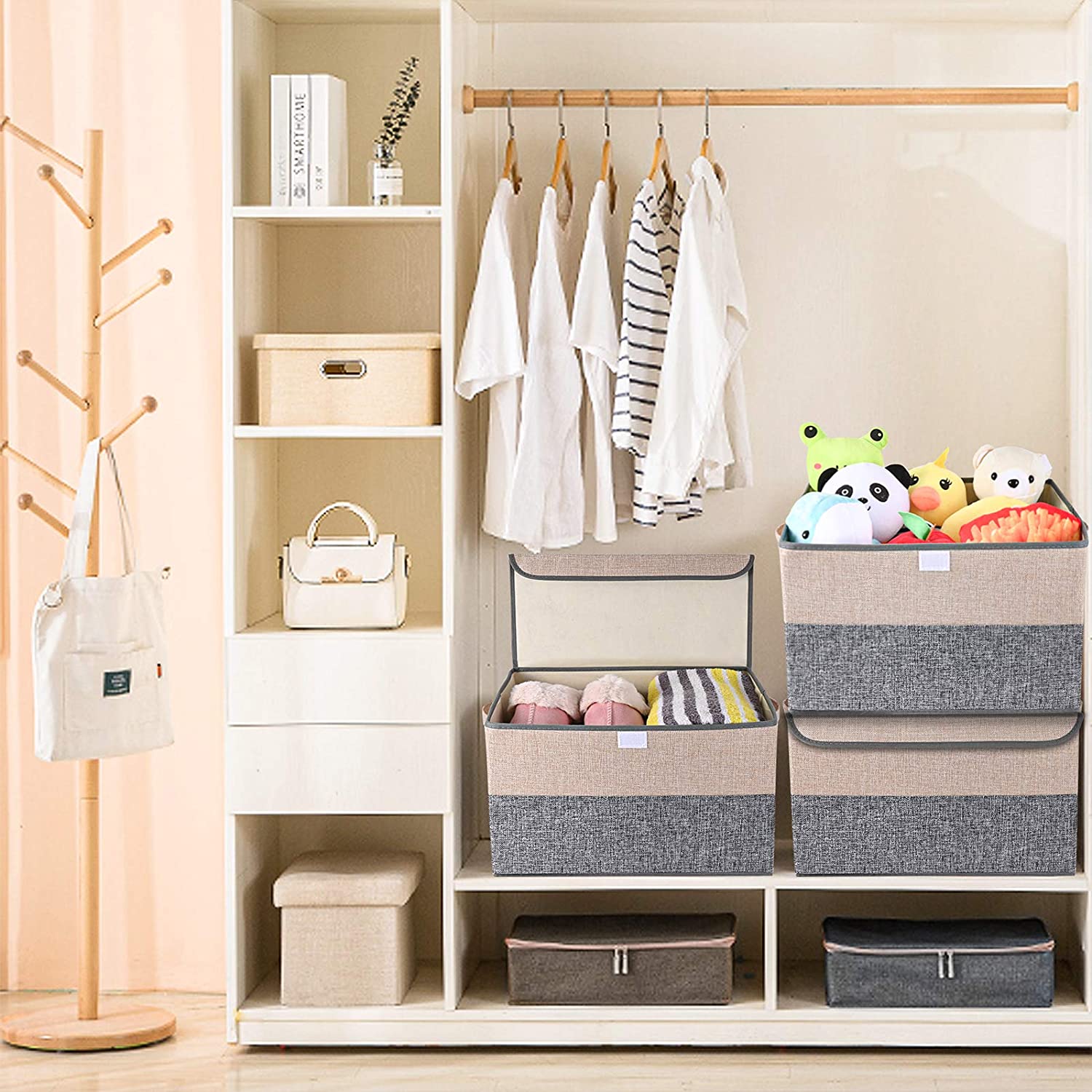 E-MANIS Storage Bins with Lids set of 3 Foldable Storage Boxes with Lids  for Toys,Clothes and Books (Grey and Beige)