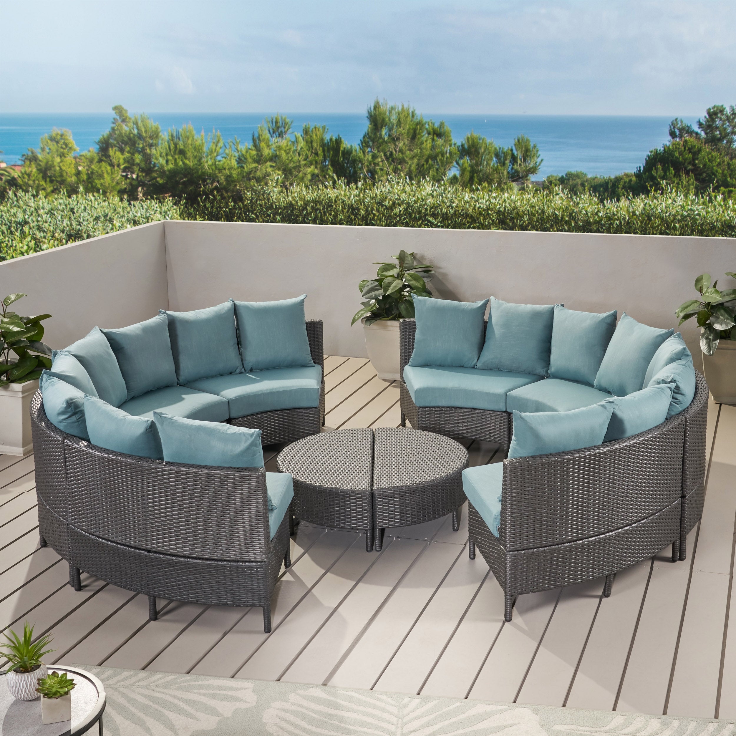 Venice Outdoor 10 Piece Gray Wicker Sectional Sofa Set with Teal Cushions