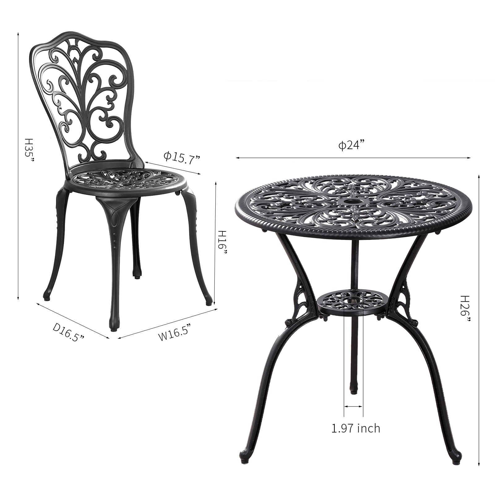 Withniture 3 Piece Patio Bistro Sets Cast Aluminum Bistro Table Set Outdoor Patio Furniture with Umbrella Hole for Patio Set Black